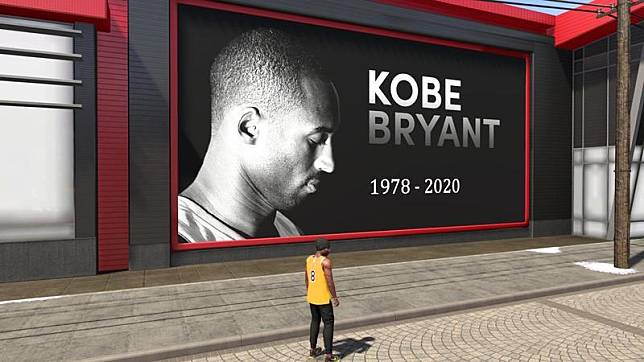 《NBA 2K20》將遊戲中的廣告看板換成悼念布萊恩的照片，玩家也將遊戲中的球員穿上布萊恩球衣，悼念這位偉大球星。（翻攝自reddit）