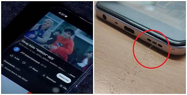 有網民稱外出時iPhone手機不慎掉落地面「入水」，事後竟只靠播放一首歌曲，即讓喇叭孔噴出一堆水珠