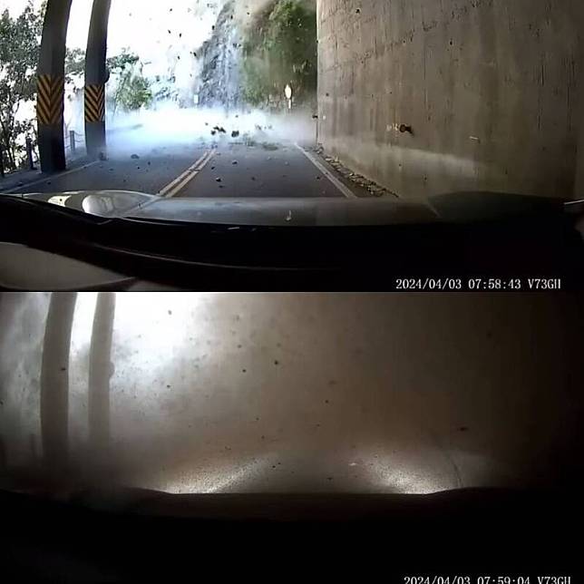 駕駛目睹明隧道外土石崩落，隨後塵土瀰漫至擋風玻璃，導致車內漆黑一片、伸手不見五指。(圖擷取自YouTube，本報合成)