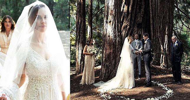 希拉莉絲韻與Philip Schneider在充滿大自然氣息的森林保護區内行禮。（Vogue Instagram圖片）