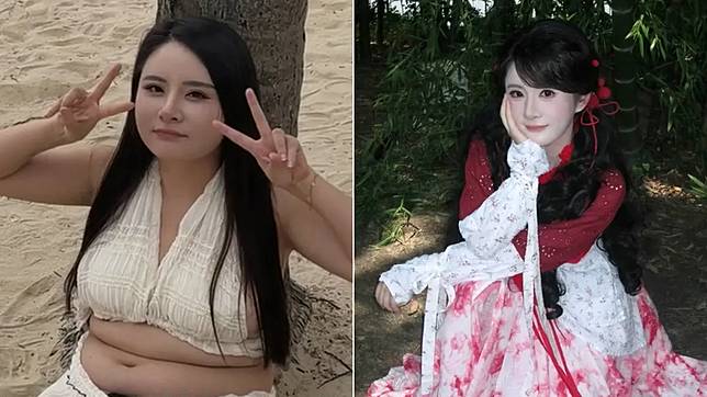 桃子吃不飽減肥前（左圖）與減肥後（右圖）差異明顯。翻攝自抖音