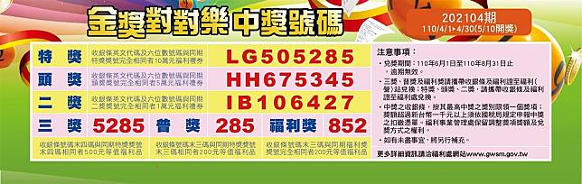 第202104期「金獎對對樂」中獎號碼。（福利處提供）