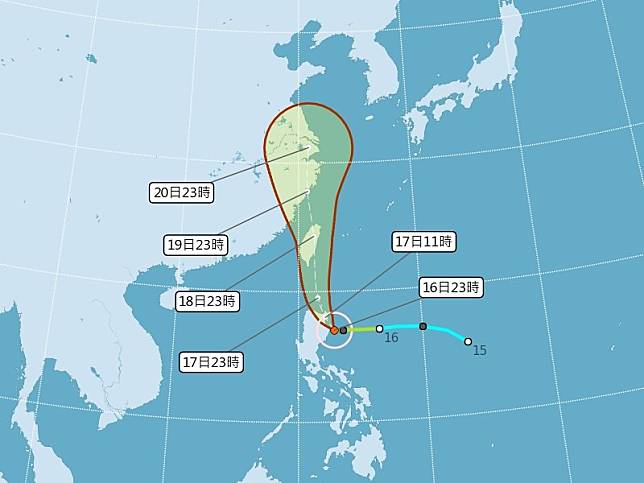 中央氣象局16日晚間11時30分發出輕度颱風丹娜絲海上颱風警報。   圖：翻攝中央氣象局