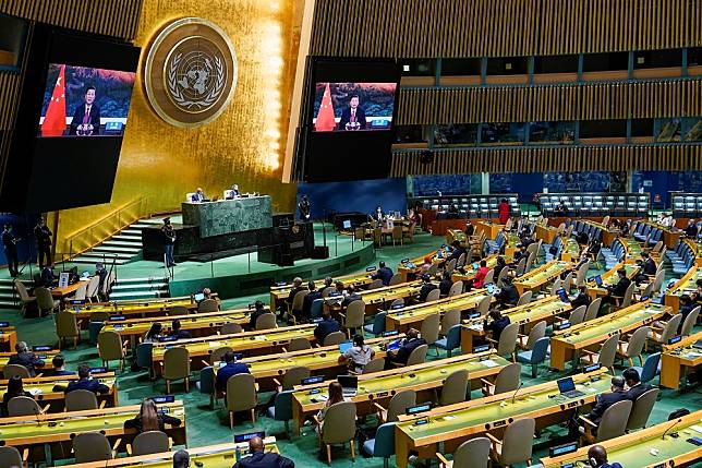 習近平在76屆聯合國大會一般性辯論用視訊發布演說。（湯森路透）
