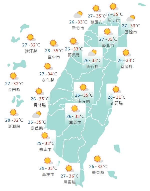今日各地天氣預報概況。(圖擷取自中央氣象署)
