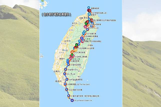徒步愛好者許紋菁分享28天完成貫穿台灣本島的「切西瓜大縱走」詳細路線，讓網友們全跪了。(上圖許紋菁提供、底圖本報資料照；本報合成)