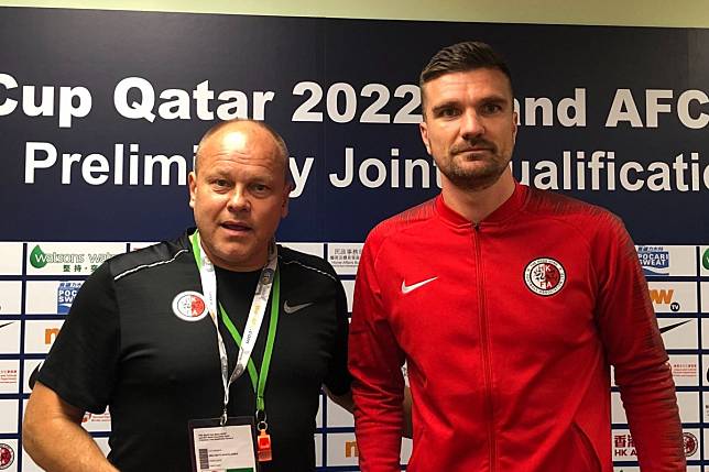 Hong Kong head coach Mixu Paatelainen (left) and defender Andy Russell (right) at Hong Kong Stadium ahead of their World Cup qualifier against Cambodia. Photo: Jonathan White