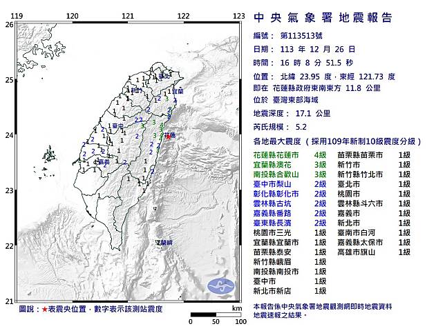 台灣東部海域今（26）天下午4點08分發生芮氏規模5.2地震，最大震度為4級，出現在花蓮縣花蓮市。（圖：氣象署提供）