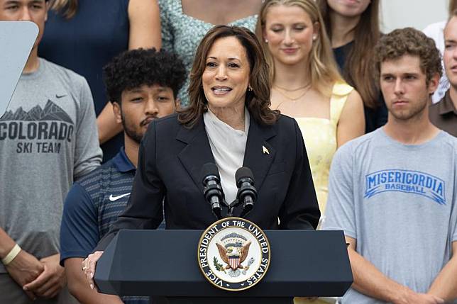 U.S. Vice President Kamala Harris &copy; speaks during an event celebrating the 2023-2024 National Collegiate Athletic Association championship teams on the South Lawn of the White House in Washington, D.C., the United States, on July 22, 2024. (Xinhua/Hu Yousong)