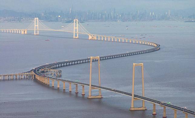 An aerial drone photo taken on June 27, 2024 shows the Shenzhen-Zhongshan link in south China's Guangdong Province. (Xinhua/Mao Siqian)