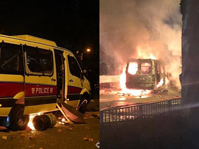 沙田警車被焚毀。左圖：港大校園電視圖片；右圖為網上圖片