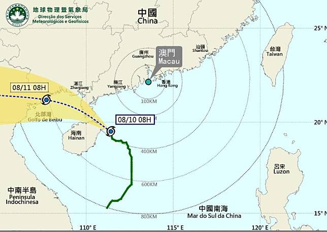 澳門八號東南風球生效，預料上午維持。(澳門氣象局網頁)