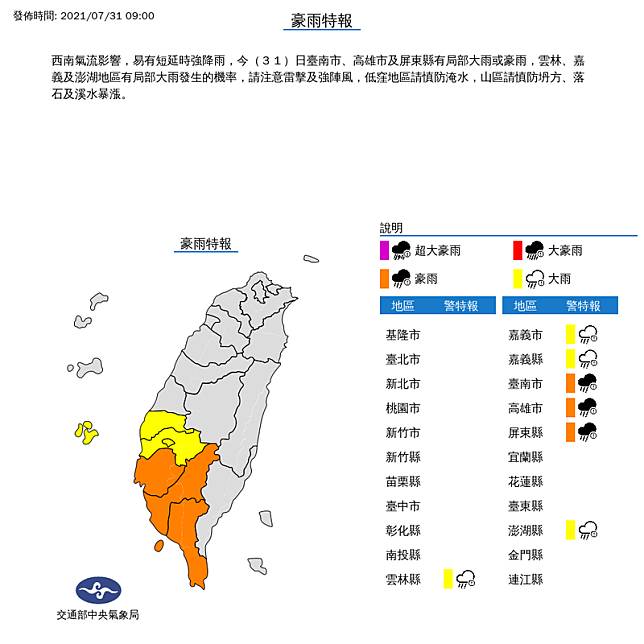 氣象局上午9時整對台南市、高雄市與屏東縣等3縣市發布豪雨特報；對雲林縣、嘉義縣、嘉義市與澎湖縣等4縣市發布大雨特報。(擷取自中央氣象局)