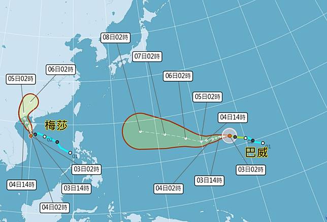 中央氣象署指出，原位於南海的熱帶性低氣壓已於今晨增強為編號第10號輕度颱風梅莎，第9號颱風巴威已於今晨2時增強為中度颱風、中心位於鵝鑾鼻東方3930公里之海面上。(圖擷取自中央氣象署)