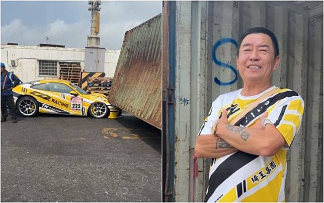 賽車網紅廖老大的車隊在澎湖發生超跑被貨櫃壓毀的意外，他還開玩笑說「可以換車了」。（翻攝自臉書D2 Racing Sport）