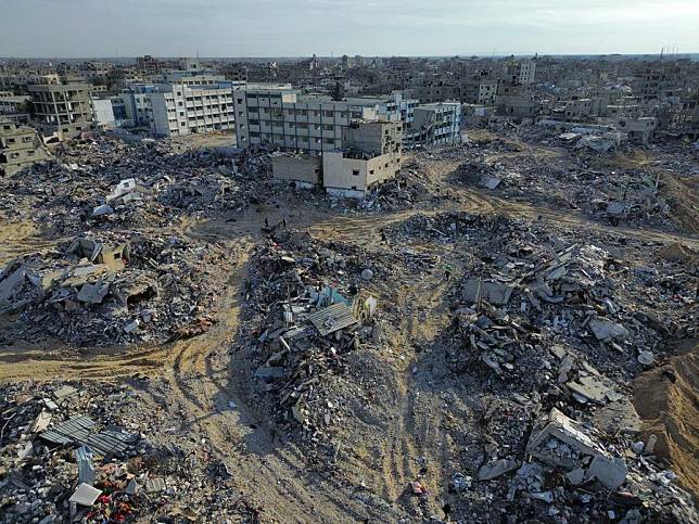 An aerial drone photo taken on Jan. 19, 2025 shows damaged houses after Israeli airstrikes in the southern Gaza Strip city of Rafah. (Photo by Rizek Abdeljawad/Xinhua)