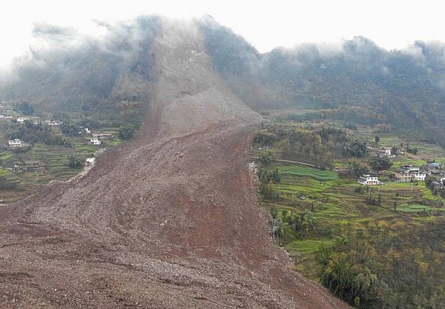 This photo taken on Feb. 8, 2025 shows the site of a landslide in Jinping Village, Junlian County in the city of Yibin, southwest China's Sichuan Province. (Xinhua)