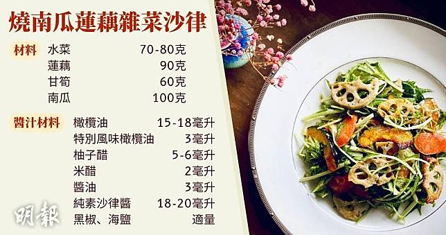 Green Monday食譜：燒南瓜蓮藕雜菜沙律（圖片由受訪者提供/明報製圖）