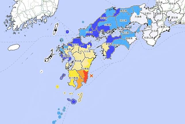 日本九州外海8日下午4點43分（台灣下午3點43分）左右發生規模7.1地震。 圖：翻攝日本氣象廳網頁