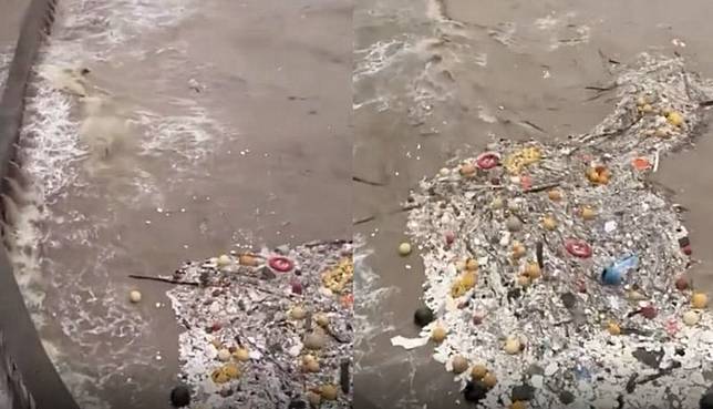 巴威颱風登陸中國，浙江掀巨浪「裡面全是垃圾」。（翻攝自Threads＠「李老師不是你老師」）