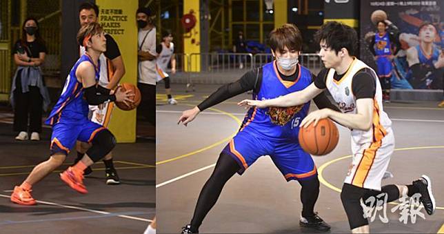 《季前賽》宣傳活動，姜濤、Ian與Edan在籃球場上展英姿。(劉永銳攝 /明報製圖）