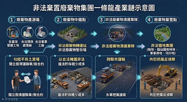 非法棄置廢棄物一條龍產業鏈示意圖