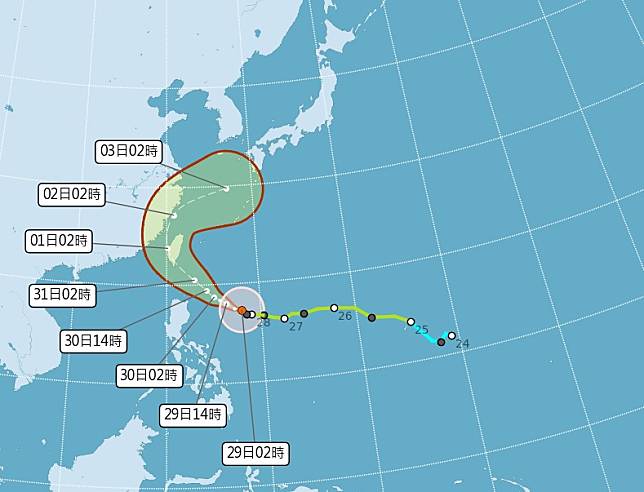 康芮增強為中颱恐從花東登陸，吳德榮警告嚴防破壞性暴風豪雨。（圖：氣象署網站）