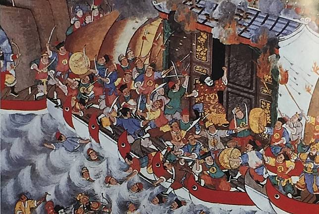 กองทัพเรือโจโฉถูกเผาทำลาย จนโจโฉต้องหนีขึ้นบก จากจิตรกรรมฝาผนังในวิหารเก๋ง วัดบวรนิเวศวิหาร (ภาพจากราชาธิราช สามก๊ก และไซ่ฮั่น โลกทัศน์ชนชั้นนำไทย, มูลนิธิโครงการตำราสังคมศาสตร์และมนุษยศาสตร์)