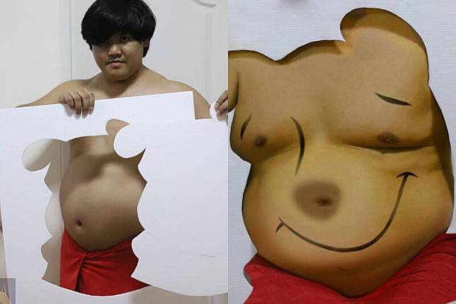 泰國網紅「Lowcostcosplay」肚皮上畫出經典卡通維尼熊。(翻攝自臉書)