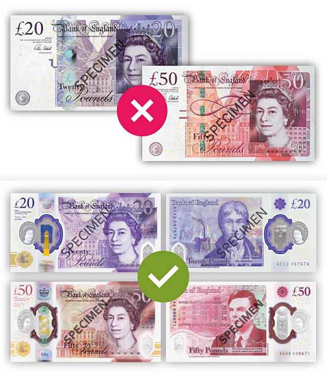舊版的20及50元英鎊將不再被允許使用，民眾須盡快兌換新鈔或存入銀行。（翻攝自英倫銀行）