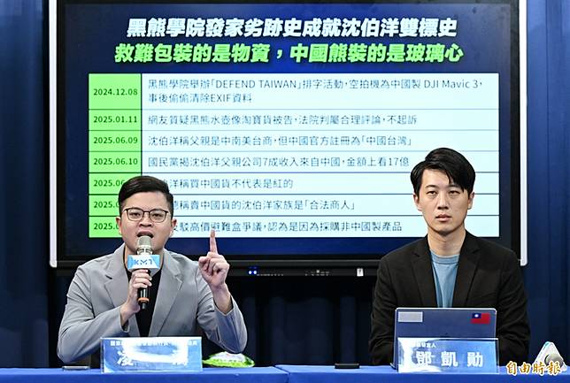 國民黨國政基金會副執行長凌濤(左)、國民黨發言人鄧凱勛(右)19日召開「避難包界的愛馬仕，裝的是玻璃心反對大惡罷，就是反對中國雙標熊」記者會。(記者廖振輝攝)
