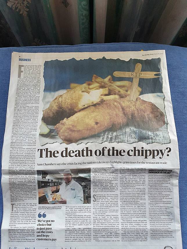 英國炸魚薯條可能因為俄烏戰爭導致斷供。   圖:翻攝自Mike Parry推特