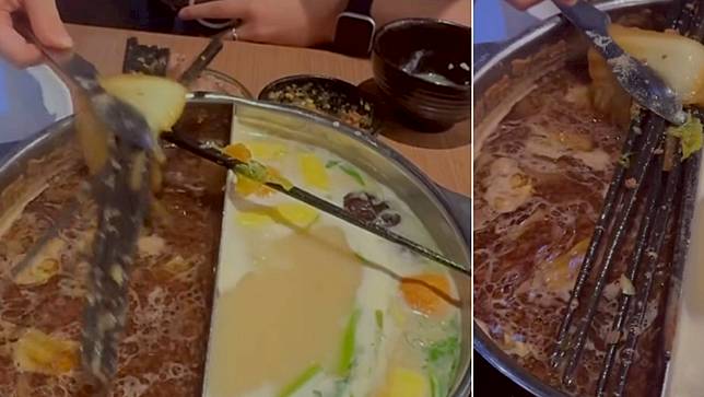 消費者到連鎖火鍋店用餐，快吃完時在壽喜鍋內撈出6根筷子，令她覺得很誇張。取自當事人Threads