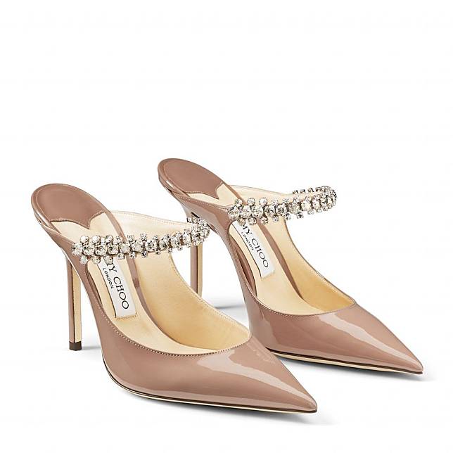 裸色簡約：Jimmy Choo BING 100 Ballet Pink Patent Leather Mules with Crystal Strap