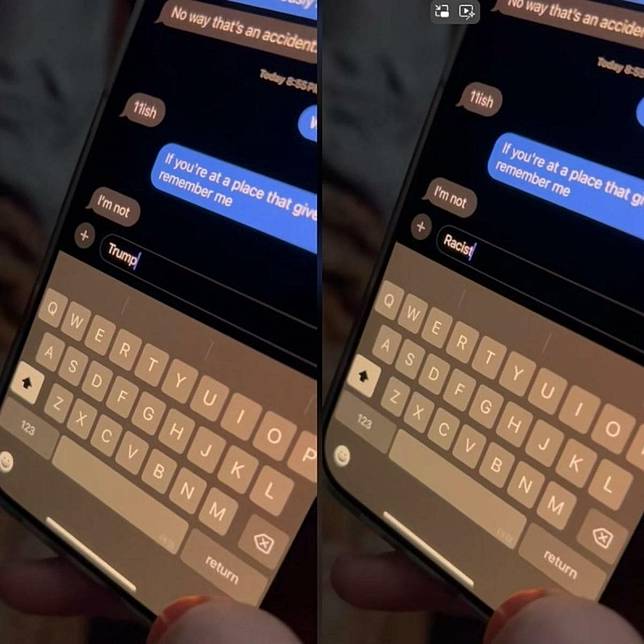 iPhone聽寫功能出錯，說「種族主義者」顯示「川普」，許多用戶紛紛親自測試以驗證其真實性，近日在TikTok等社群平台瘋傳。 圖：翻攝自TikTok