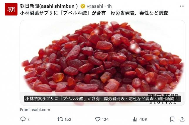 日本小林製藥爆出紅麴產品引發腎臟疾病甚至死亡案例，如今被驗出軟毛青黴酸。（圖／翻攝自X）