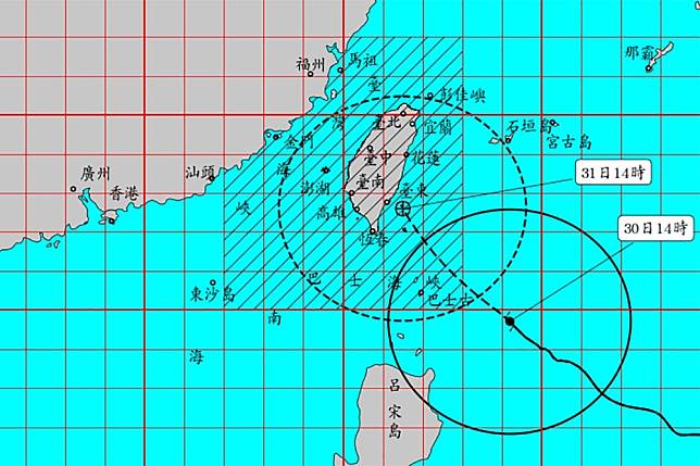 強颱康芮持續增強，最快明天（31日）中午到傍晚預計在花蓮以南登陸。（氣象署提供）