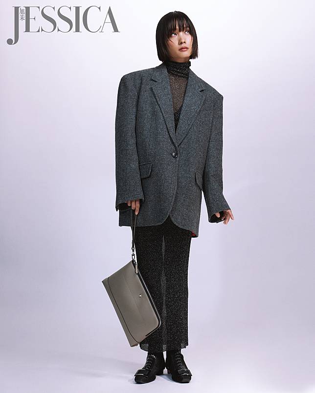 Montblanc Soft Collection – thin document case in dusty grey $6,600 Weekend Max Mara grey wool blazer $7,290 Isabel Marant black knitted dress (Price TBC) Roger Vivier black mesh buckled booties $18,000