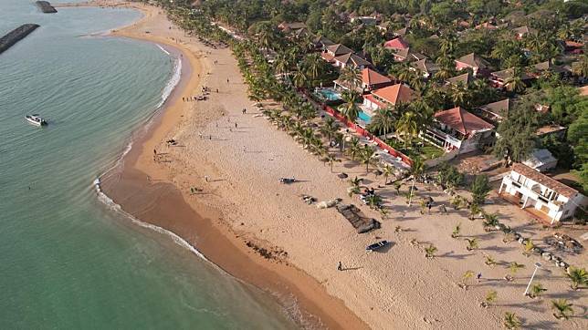 An aerial drone photo, taken on Jan. 12, 2025, shows a view of Saly seaside resort area, about 80 kilometers south of Dakar, Senegal. (Xinhua/Si Yuan)