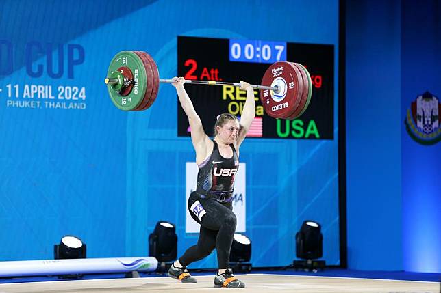 Olivia Reeves of the United States in action during the women's 71kg competition at the International Weightlifting Federation (IWF) World Cup in Phuket, Thailand on April 7, 2024. (Xinhua/Wang Teng)