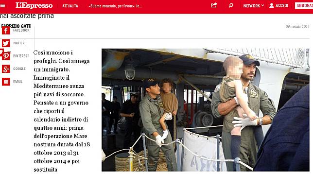  義大利雜誌《快訊》揭露1個錄音檔，難民船上的敘利亞醫師多次向義大利海巡單位求救，卻被官僚地踢皮球。   圖：翻攝L'Espresso 