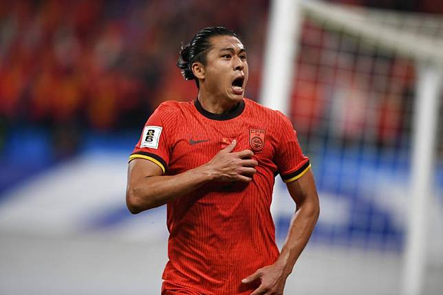 Zhang Yuning of China celebrates his goal during the 2026 FIFA World Cup Asian Qualifiers Group C match against Indonesia in Qingdao, east China's Shandong Province, on Oct. 15, 2024. (Xinhua/Li Ziheng)