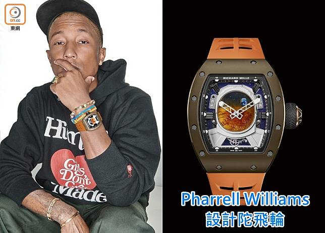 Pharrell Williams跟Richard Mille合作設計RM52-05 Pharrell Williams陀飛輪腕錶，限量30枚。錶盤上的太空人頭盔倒影圖案，取材自人類首次向火星發射的水手9號（Mariner 9）探測器命名的水手號峽谷（Valles Marineris）。（互聯網）