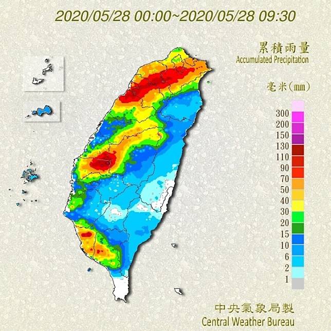 從雨量累積圖來看，台灣今早有三條雨帶出現。(圖擷自中央氣象局)