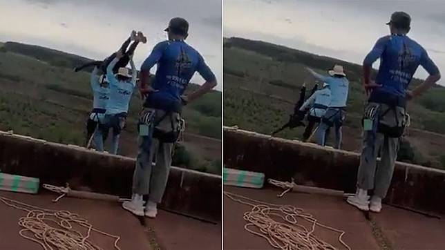 瑪麗亞在沒綁安全繩的情況下，直接被工作人員扔出骷髏橋高空彈跳，當場墜落地面慘死。翻攝自X