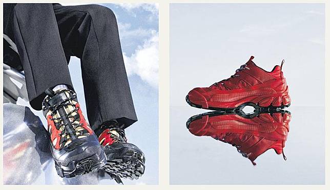 足上詩意：Burberry Arthur經典格紋拼接款式運動鞋$6900、不同面料拼接紅色運動鞋$6900。（品牌提供）