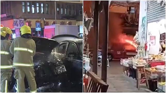 深水埗的士撼私家車後起火，4人受傷送院。(電視截圖)
