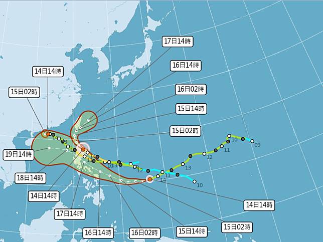 天兔颱風逼近，明天只有台東縣山區的雨量，符合停班停課標準。（圖：氣象署網站）