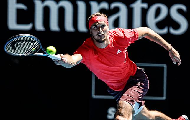 Alexander Zverev of Germany hits a return during the men's singles semifinals match against Novak Djokovic of Serbia at the Australian Open in Melbourne, Australia, on Jan. 24, 2025. (Xinhua/Ma Ping)