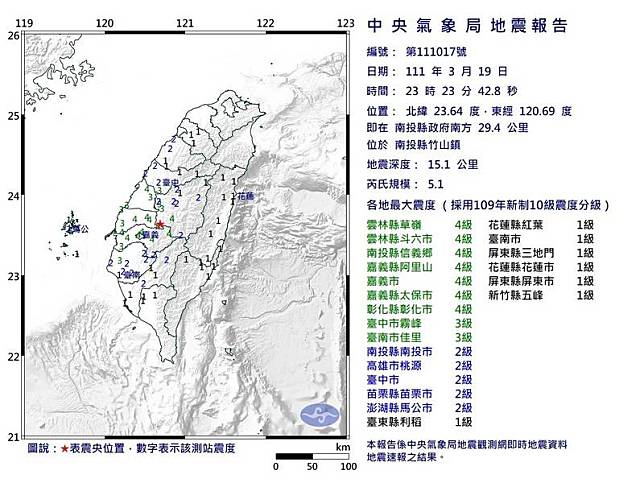 深夜規模5.1地震，雲林最大震度4級，地震前許多人聽到地鳴聲。(氣象局提供)